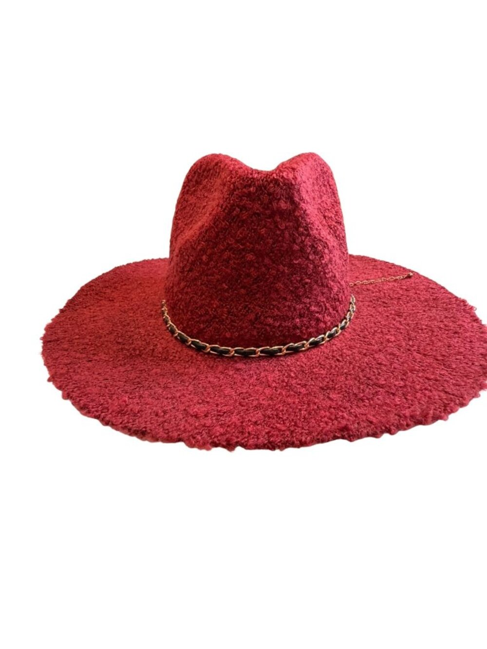 NWT Antthony Burgundy Fuzzy Knit Panama Fedora Hat w/ Gold Chain | Adjustable